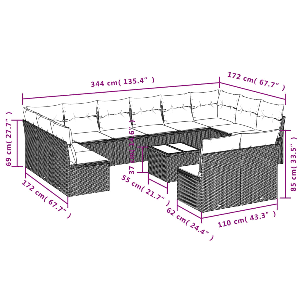 Set Divani da Giardino 13 pz con Cuscini Grigio in Polyrattan 3218380