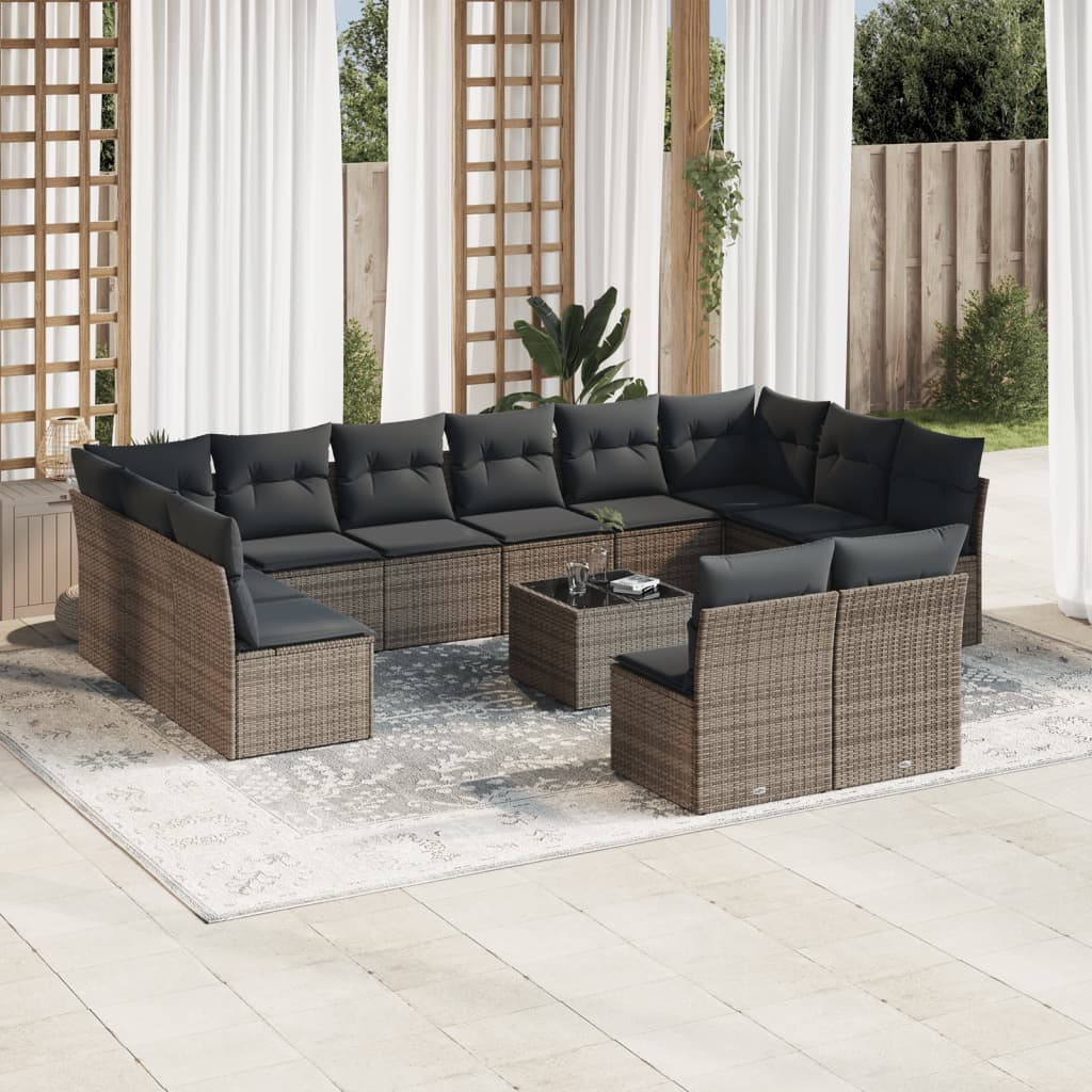 Set Divani da Giardino 13 pz con Cuscini Grigio in Polyrattan 3218380