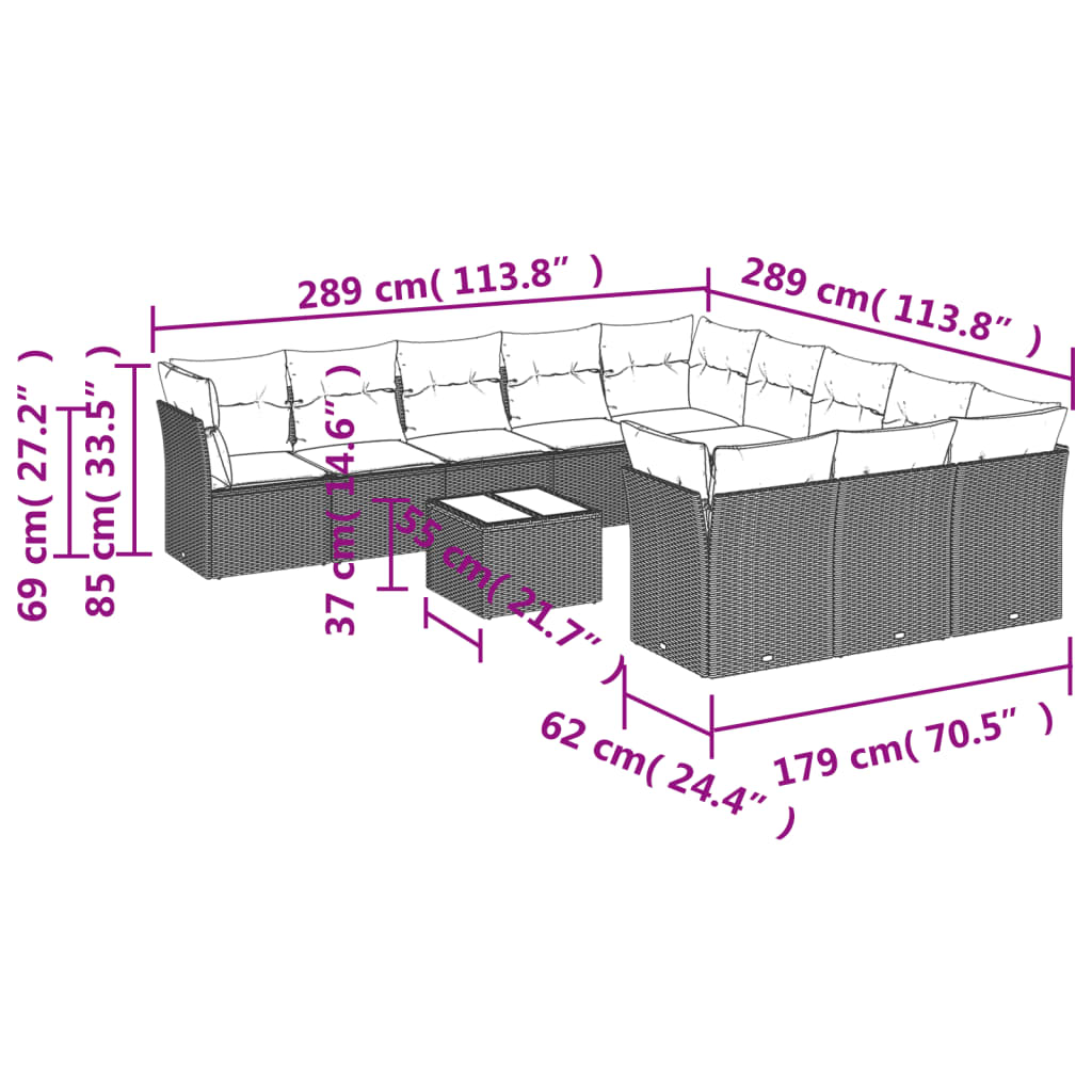 Set Divani da Giardino 12 pz con Cuscini Nero in Polyrattan 3218415