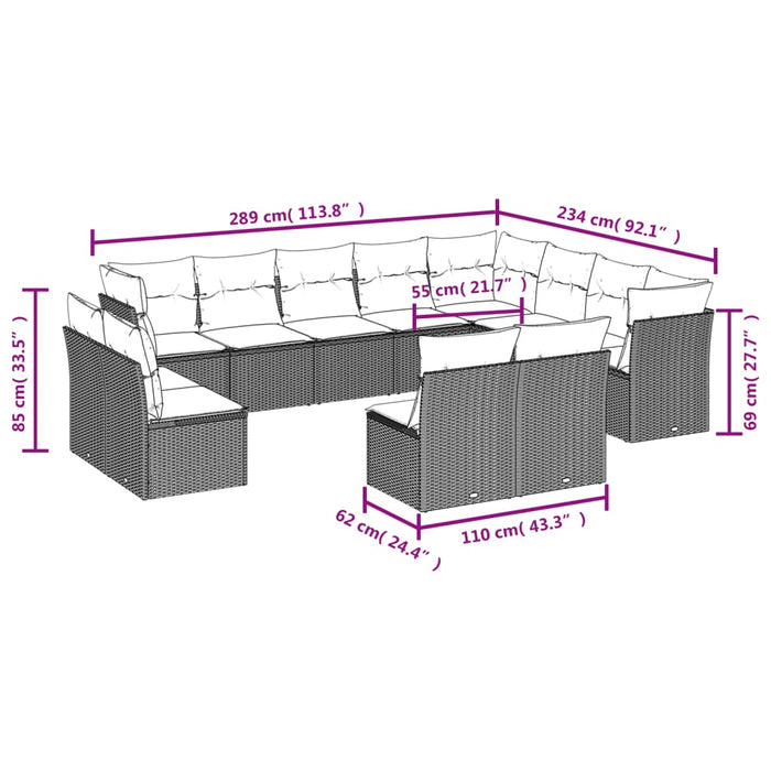 Set Divani da Giardino 12 pz con Cuscini Nero in Polyrattan 3218465