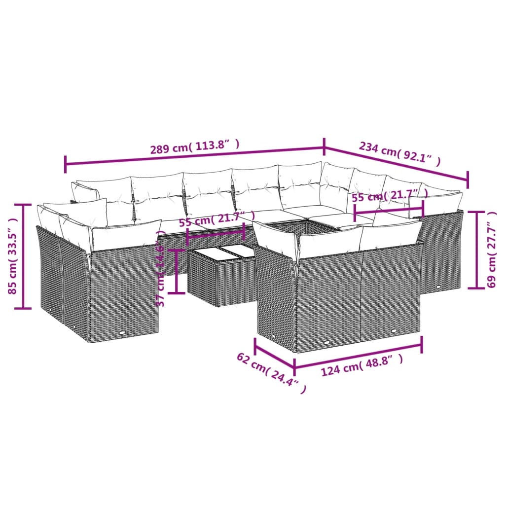 Set Divani da Giardino 13pz con Cuscini Nero in Polyrattan 3218535