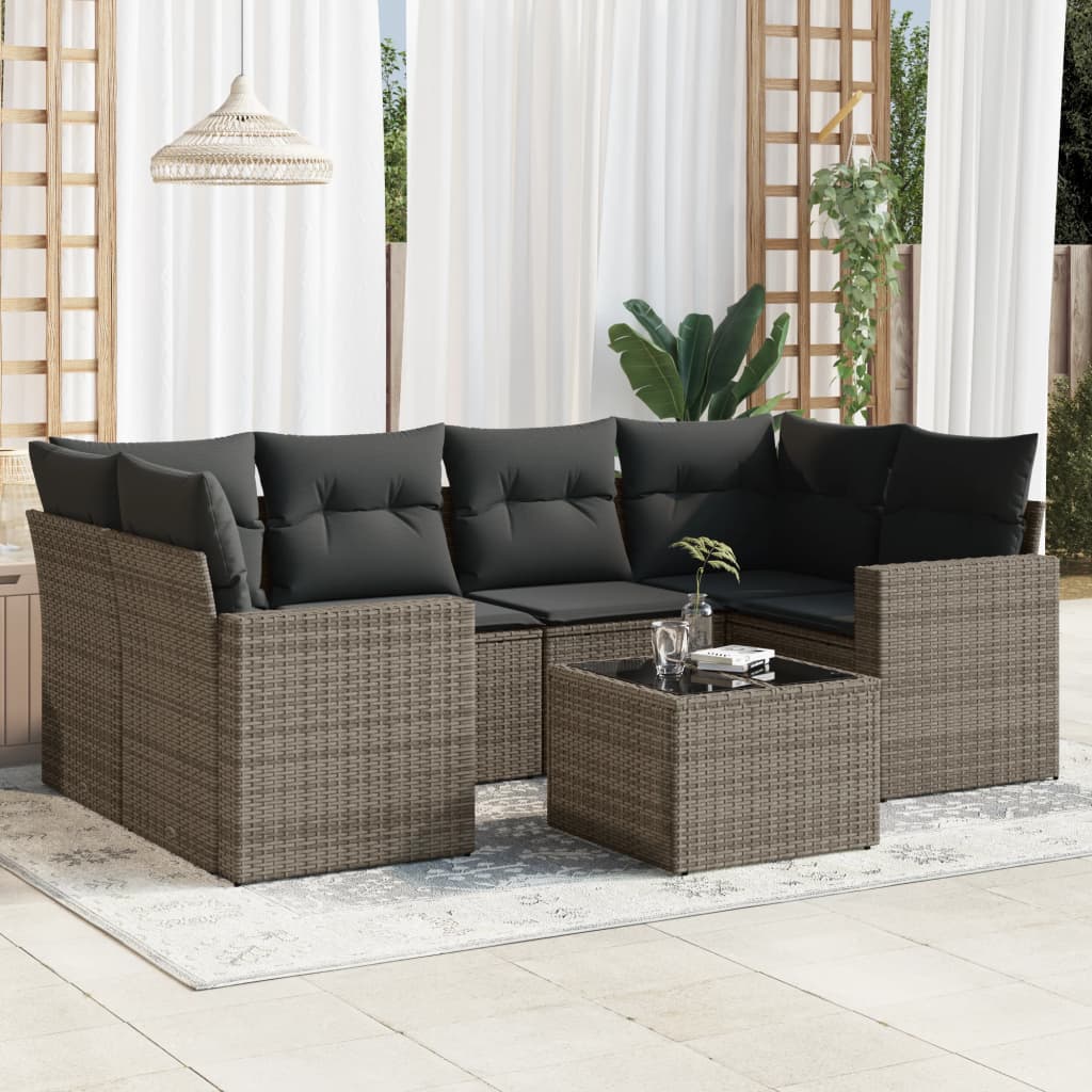 Set Divani da Giardino 7 pz con Cuscini Grigio in Polyrattan 3218710