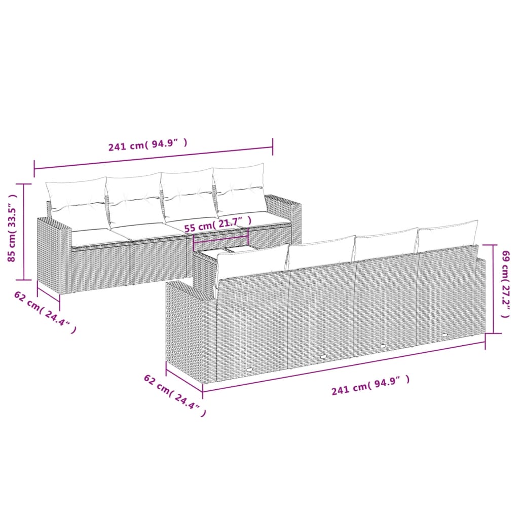 Set Divano da Giardino 9 pz con Cuscini Grigio in Polyrattan 3218740