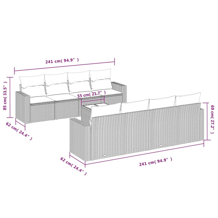 Set Divano da Giardino 9 pz con Cuscini Grigio in Polyrattan 3218740