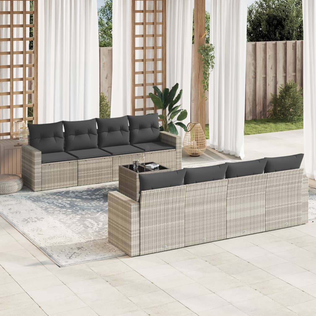 Set Divano da Giardino 9pz con Cuscini Grigio Chiaro Polyrattan 3218742