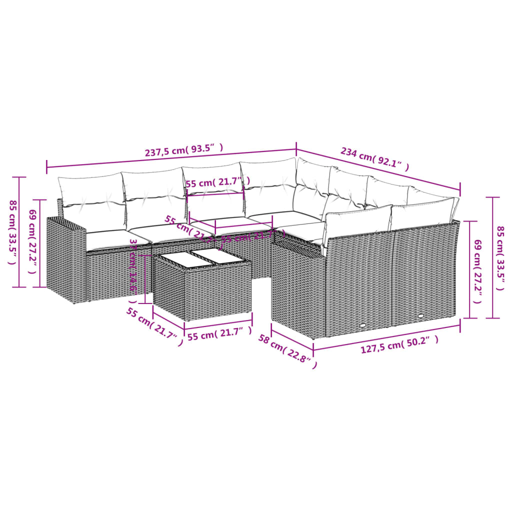 Set Divano da Giardino 9 pz con Cuscini Grigio in Polyrattan 3218750