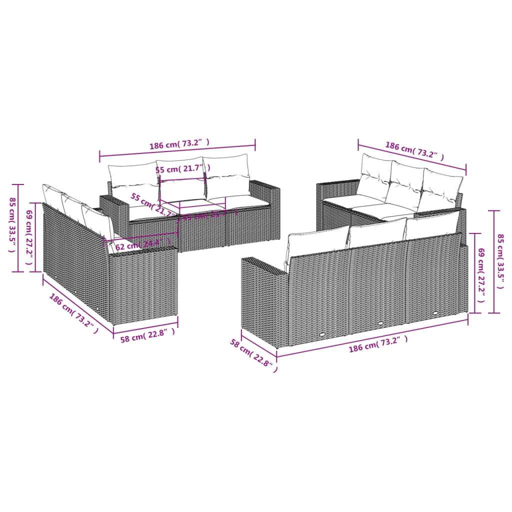 Set Divani da Giardino 12 pz con Cuscini Beige in Polyrattan 3218759