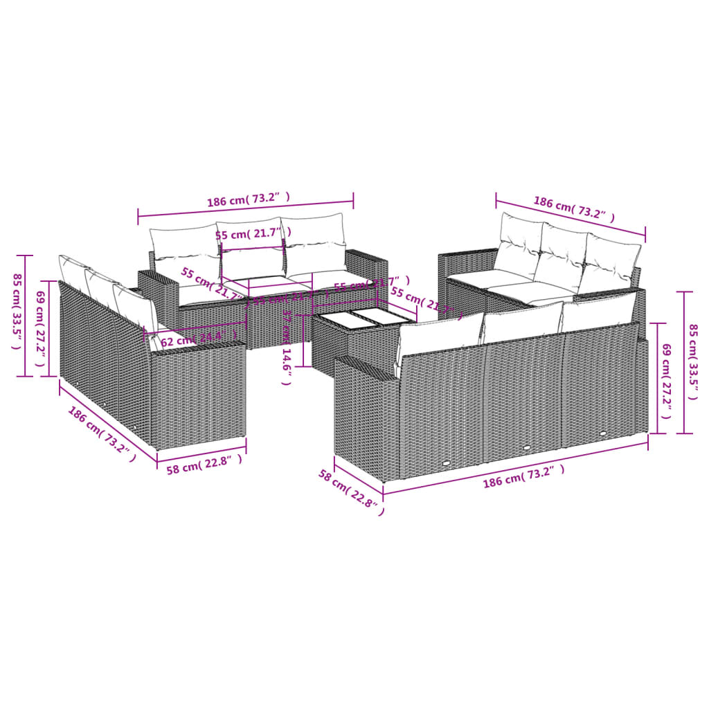 Set Divani da Giardino 13pz con Cuscini Nero in Polyrattan 3218765