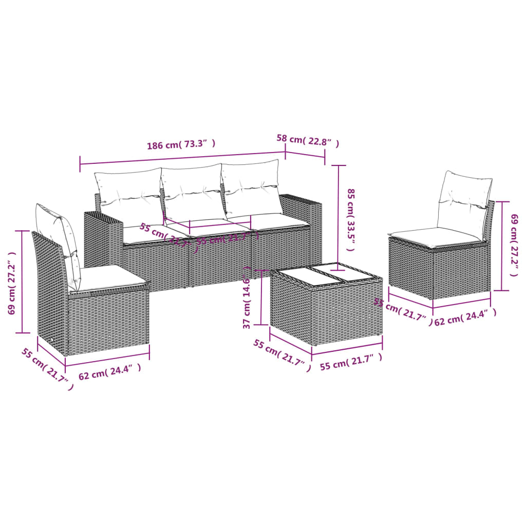 Set Divano da Giardino 6 pz con Cuscini Nero in Polyrattan 3218785