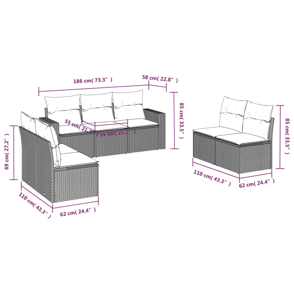 Set Divani da Giardino 7 pz con Cuscini Beige in Polyrattan 3218819