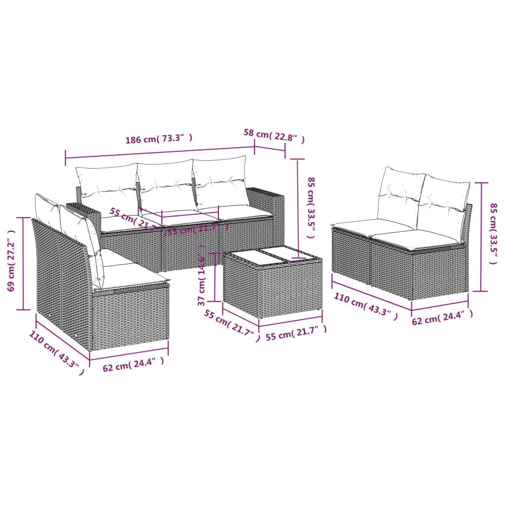 Set Divano da Giardino 8pz con Cuscini Grigio Chiaro Polyrattan 3218832