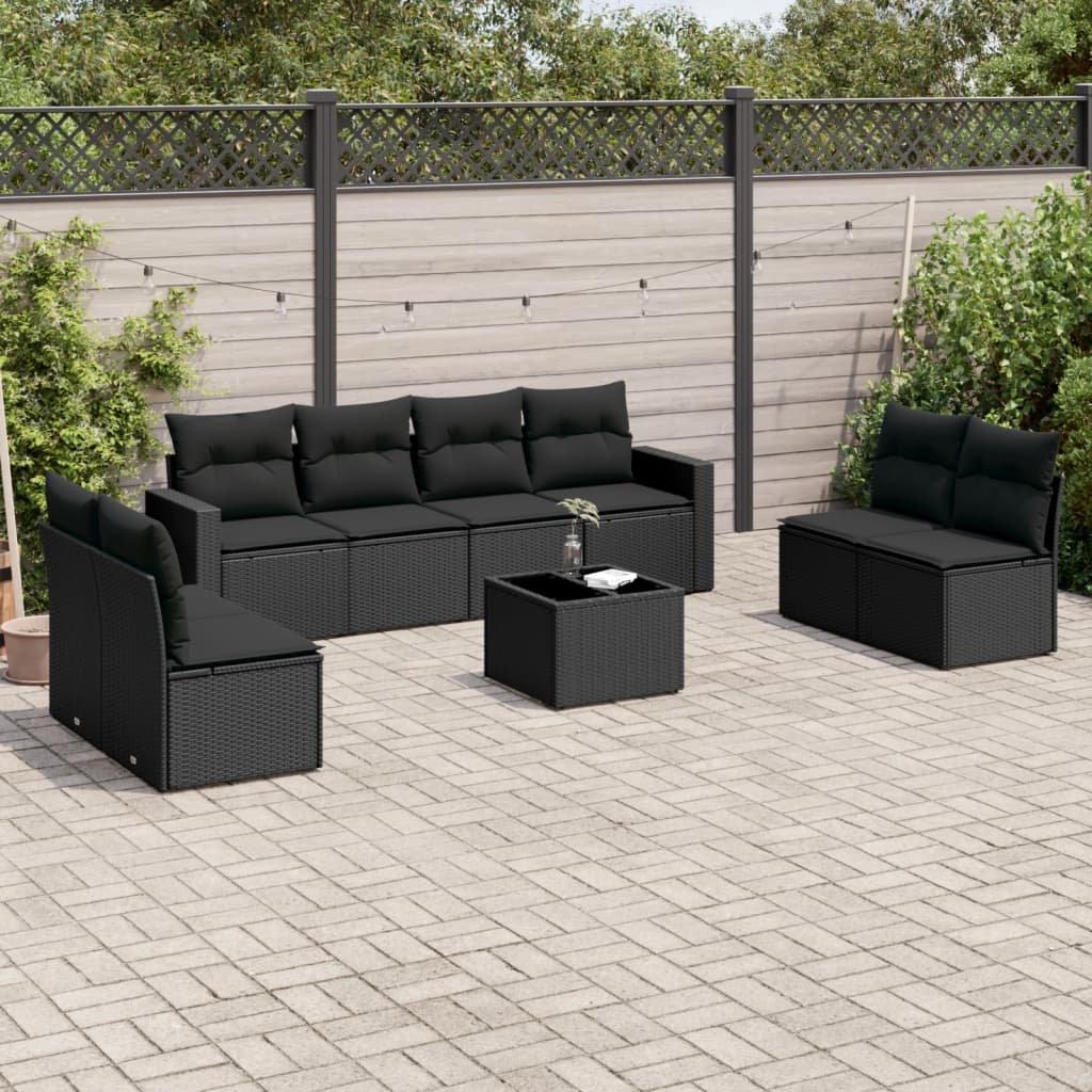 Set Divani da Giardino 9 pz con Cuscini Nero in Polyrattan 3218845