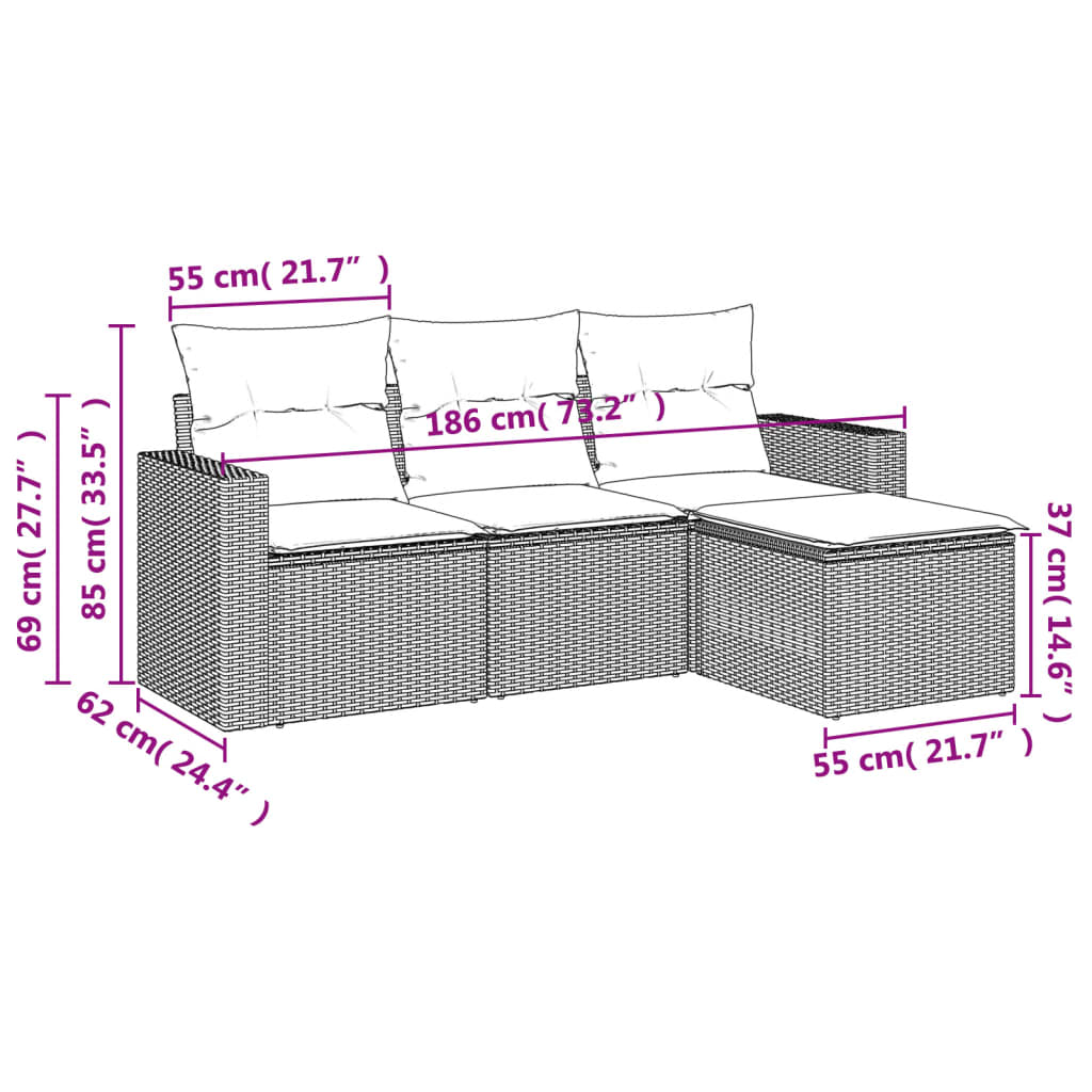 Set Divani da Giardino 4 pz con Cuscini in Polyrattan Grigiocod mxl 110961