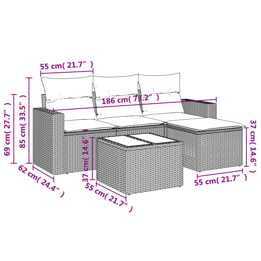 Set Divani da Giardino 5 pz con Cuscini in Polyrattan Nero 3218865