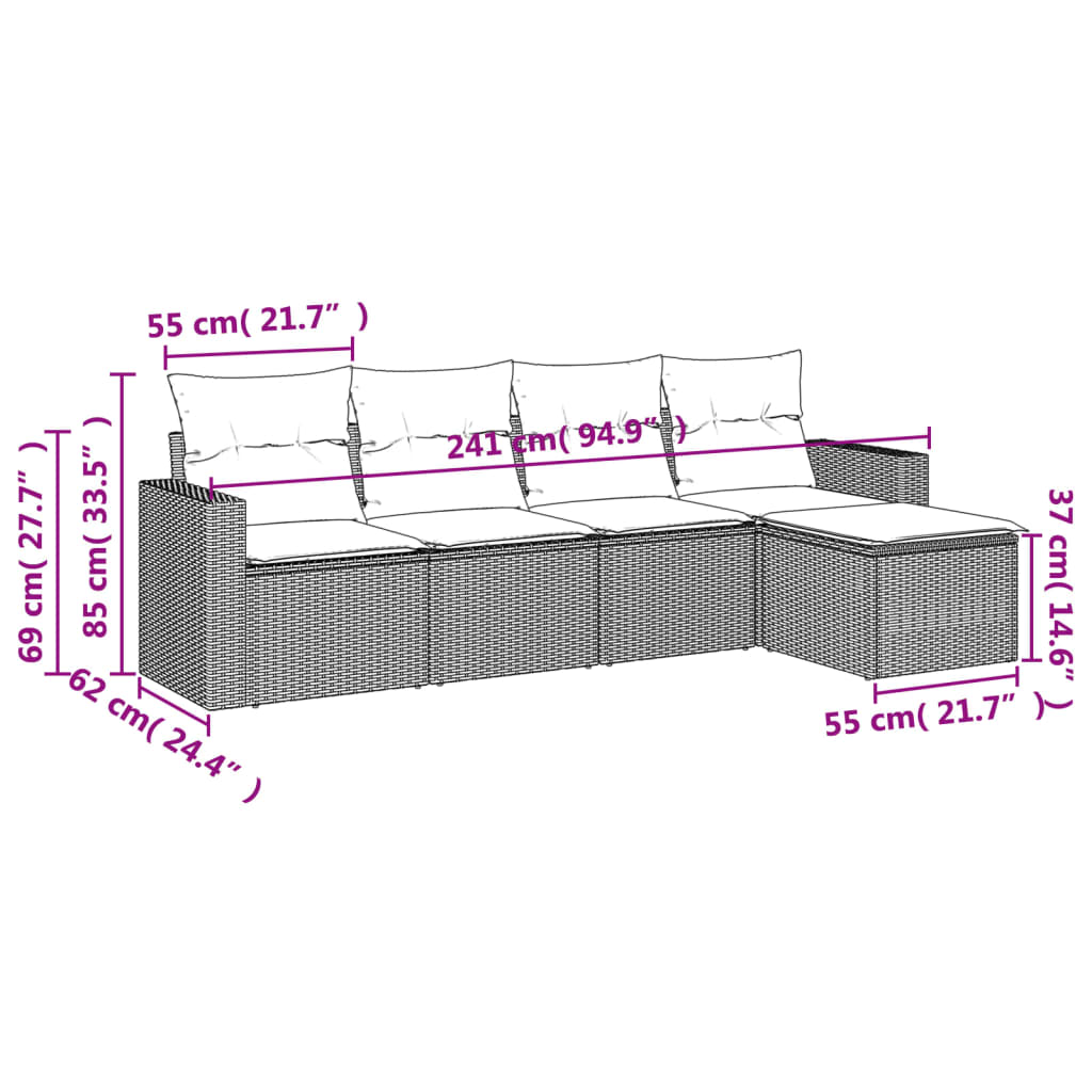 Set Divano da Giardino 5 pz con Cuscini Grigio in Polyrattan 3218880