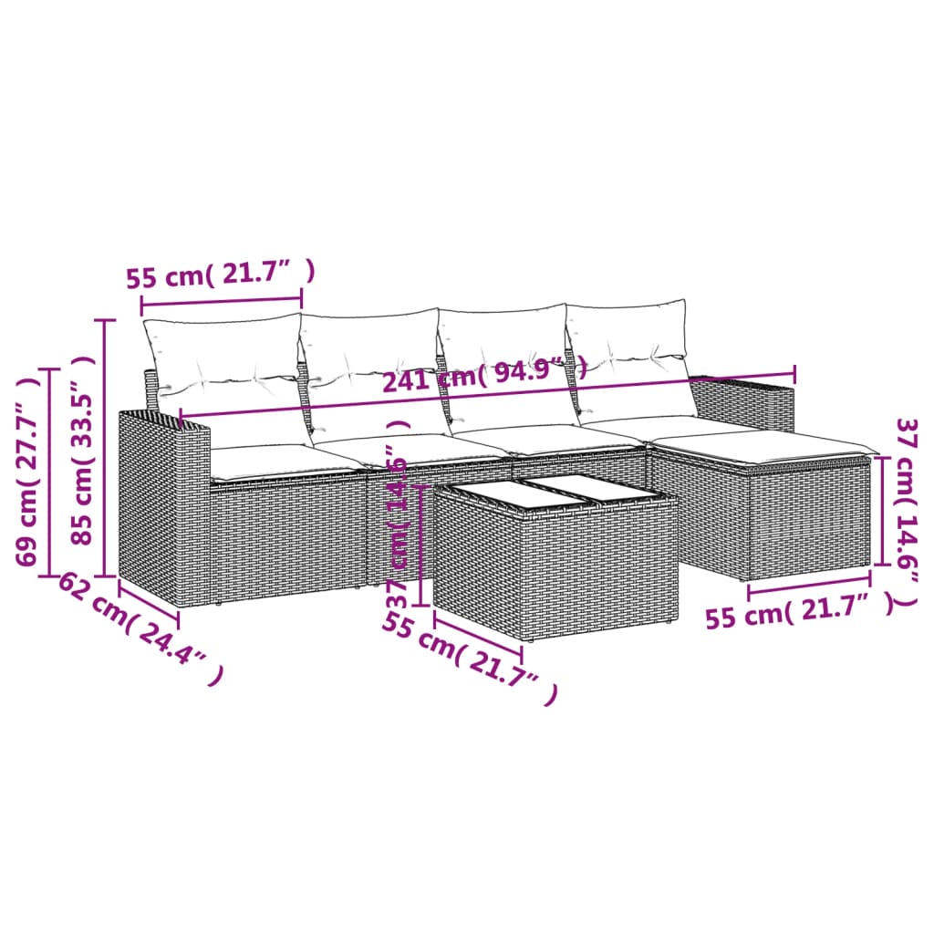 Set Divano da Giardino 6 pz con Cuscini Grigio in Polyrattan 3218890