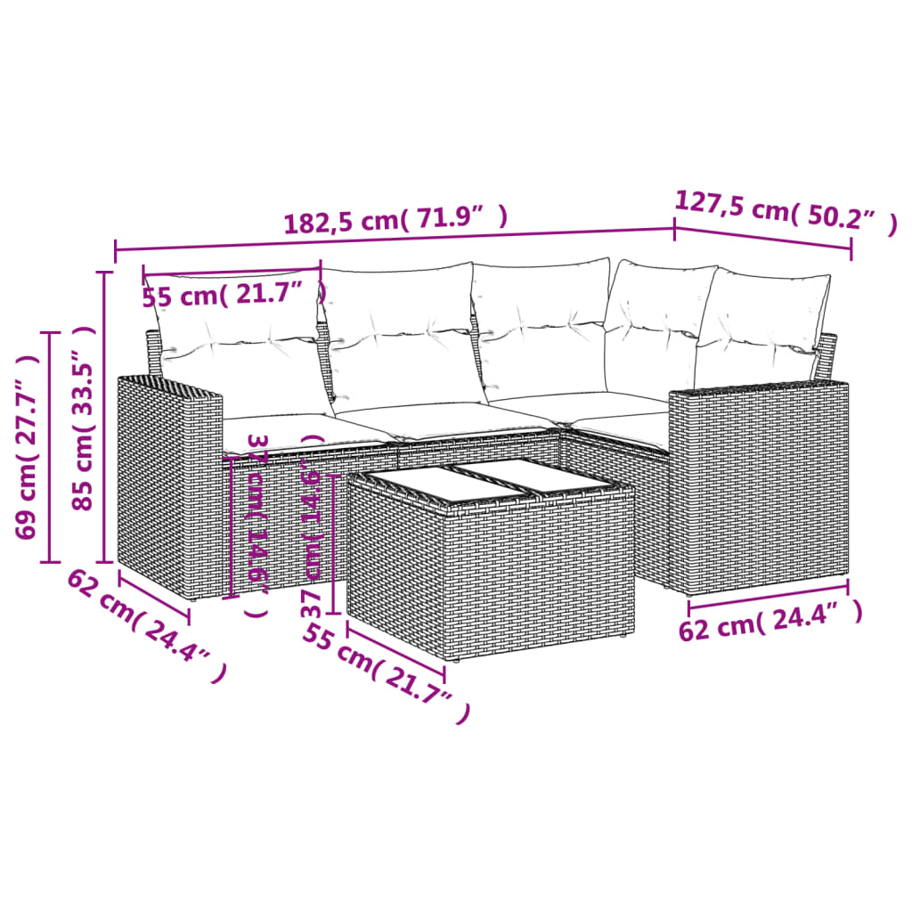 Set Divani da Giardino 5 pz con Cuscini in Polyrattan Nero 3218905