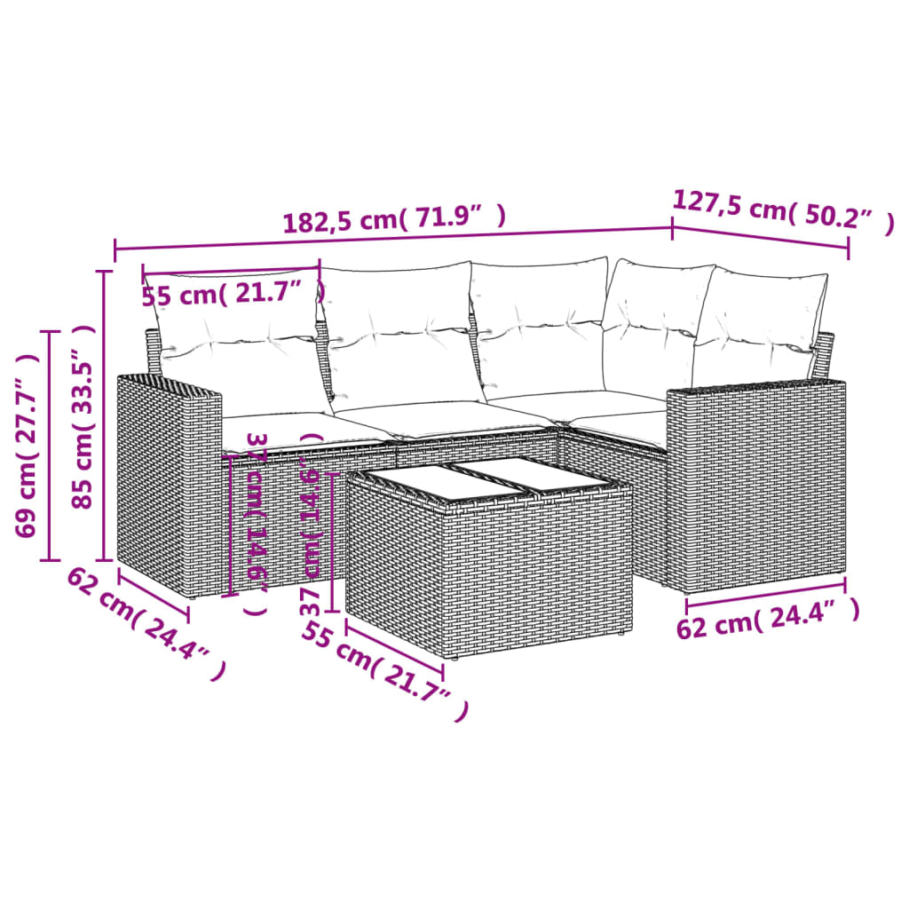 Set Divano da Giardino 5 pz con Cuscini Beige in Polyrattan 3218909