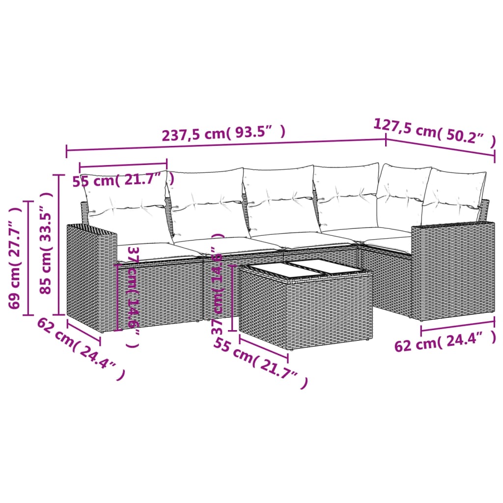 Set Divano da Giardino 6 pz con Cuscini Nero in Polyrattan 3218926