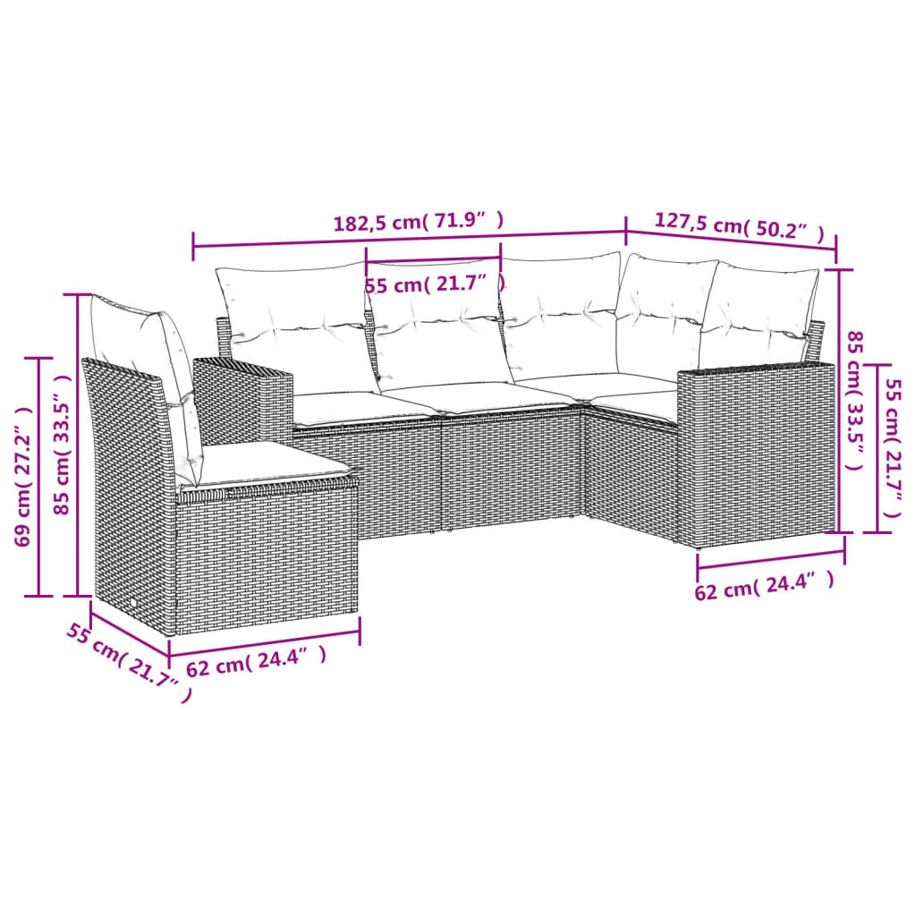 Set Divano da Giardino 5 pz con Cuscini Beige in Polyrattancod mxl 113365