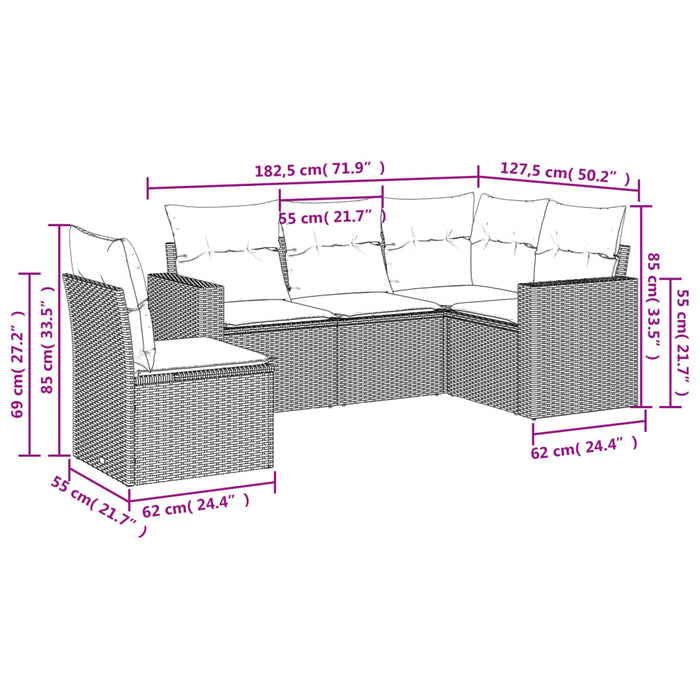 Set Divano da Giardino 5 pz con Cuscini Marrone in Polyrattan 3218963