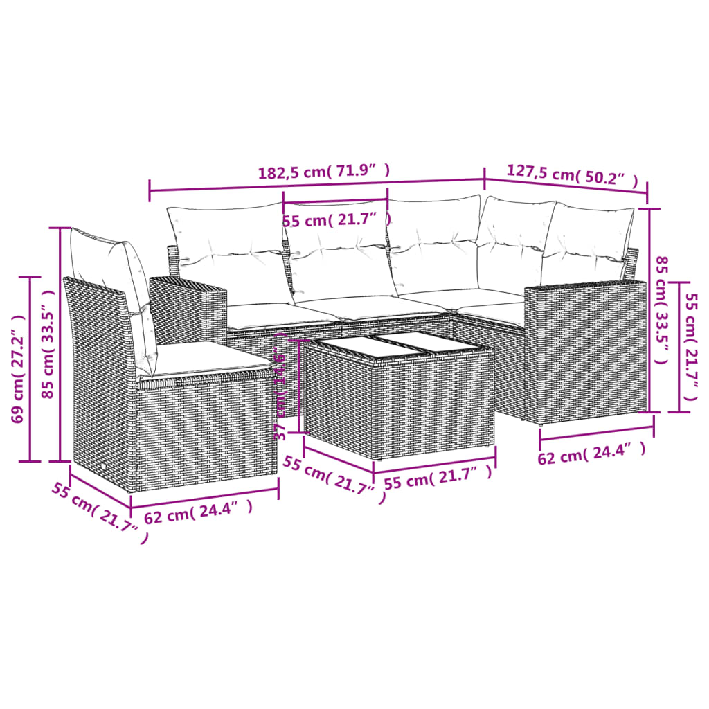 Set Divano da Giardino 6 pz con Cuscini Nero in Polyrattan 3218966