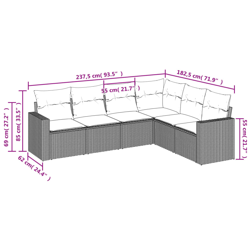 Set Divano da Giardino 6 pz con Cuscini Beige in Polyrattan 3218999