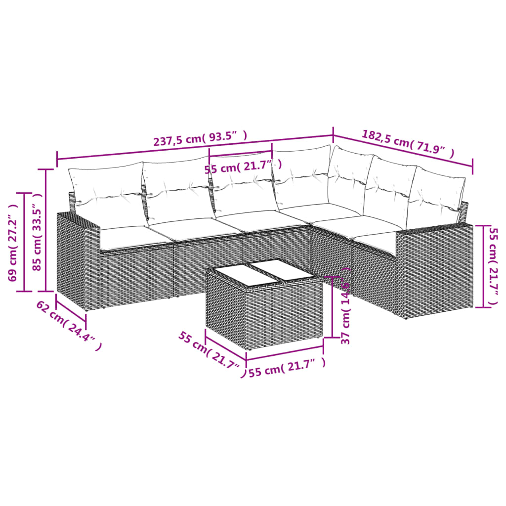 Set Divani da Giardino 7 pz con Cuscini Grigio in Polyrattan 3219010