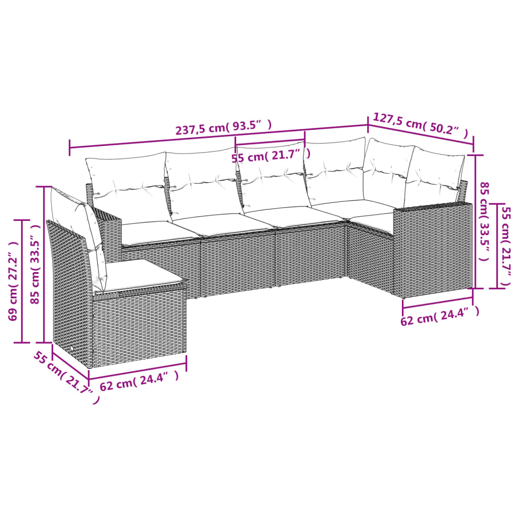 Set Divano da Giardino 6 pz con Cuscini Grigio in Polyrattan 3219020