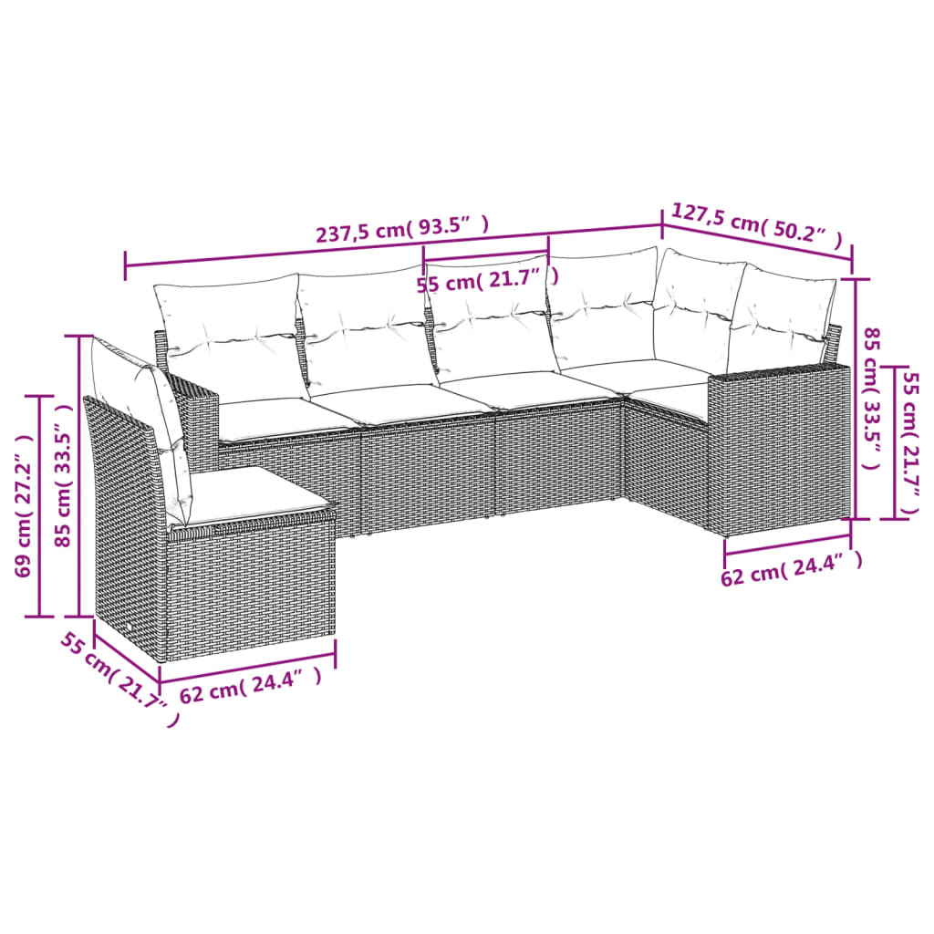 Set Divani da Giardino 6 pz con Cuscini Marrone in Polyrattan 3219023