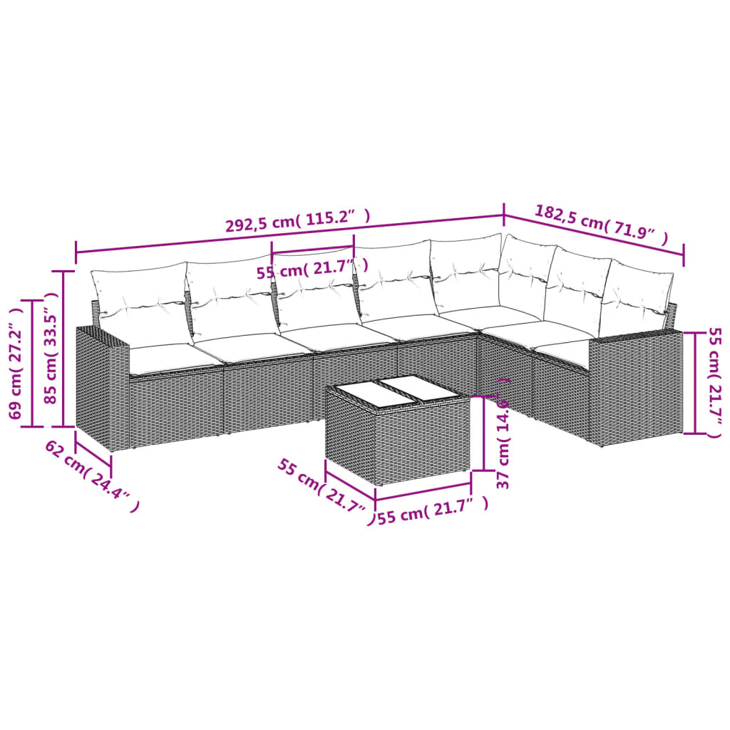 Set Divano da Giardino 8 pz con Cuscini Grigio in Polyrattan 3219050