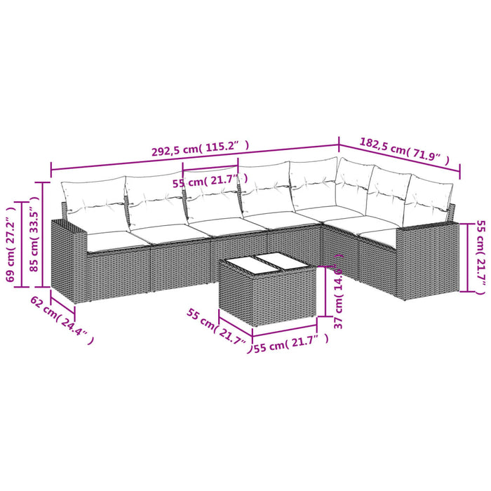 Set Divano da Giardino 8 pz con Cuscini Grigio in Polyrattan 3219050