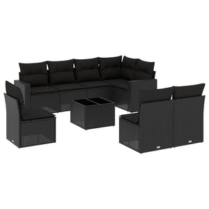 Set Divani da Giardino 9 pz con Cuscini Nero in Polyrattan 3219065