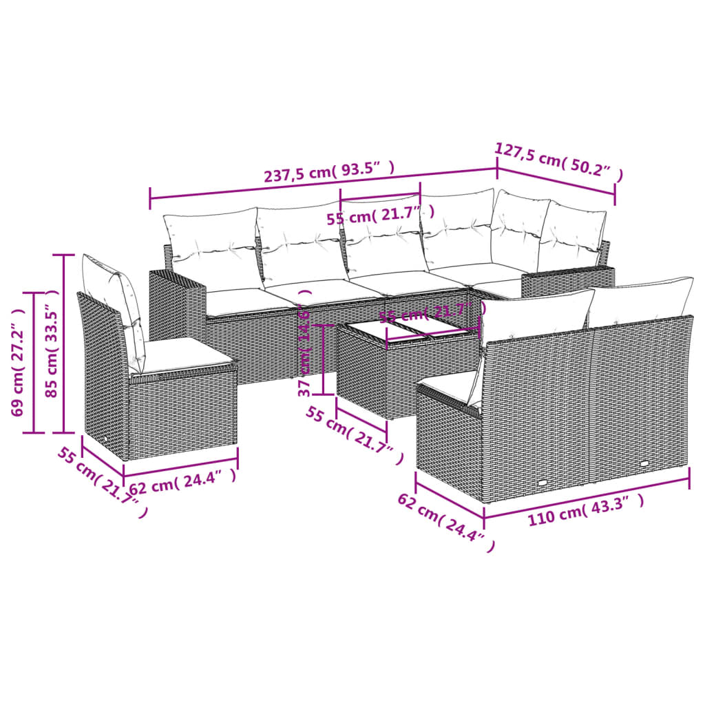 Set Divani da Giardino 9 pz con Cuscini Nero in Polyrattan 3219065