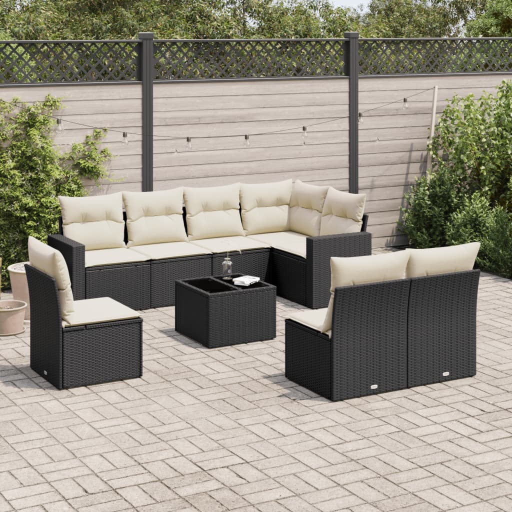 Set Divani da Giardino 9 pz con Cuscini Nero in Polyrattan 3219066