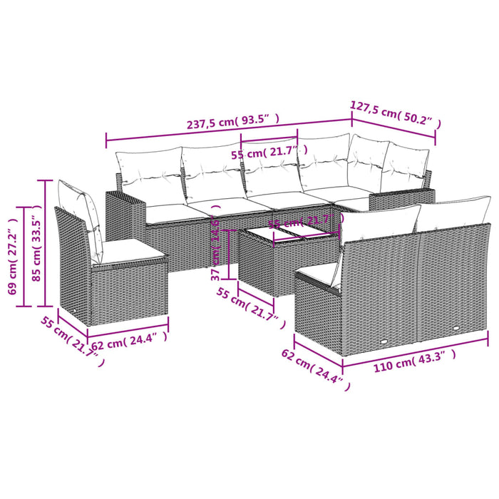 Set Divano da Giardino 9 pz con Cuscini Beige in Polyrattan 3219069