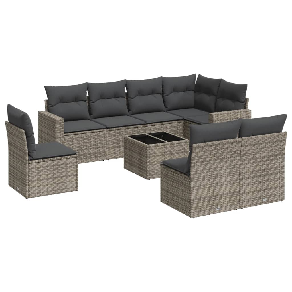 Set Divano da Giardino 9 pz con Cuscini Grigio in Polyrattan 3219070