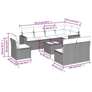 Set Divano da Giardino 9 pz con Cuscini Grigio in Polyrattan 3219070