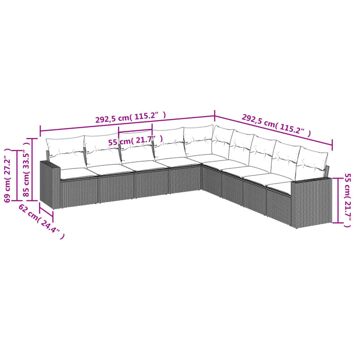 Set Divani da Giardino 9 pz con Cuscini Nero in Polyrattan 3219075