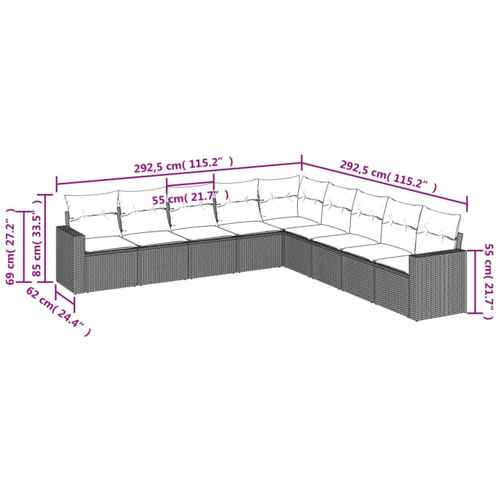 Set Divano da Giardino 9pz con Cuscini Grigio Chiaro Polyrattan 3219082