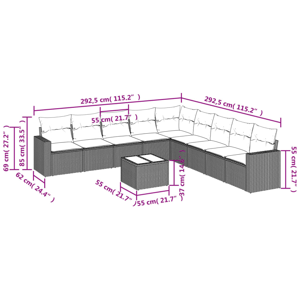 Set Divani da Giardino 10pz con Cuscini in Polyrattan Nerocod mxl 111296