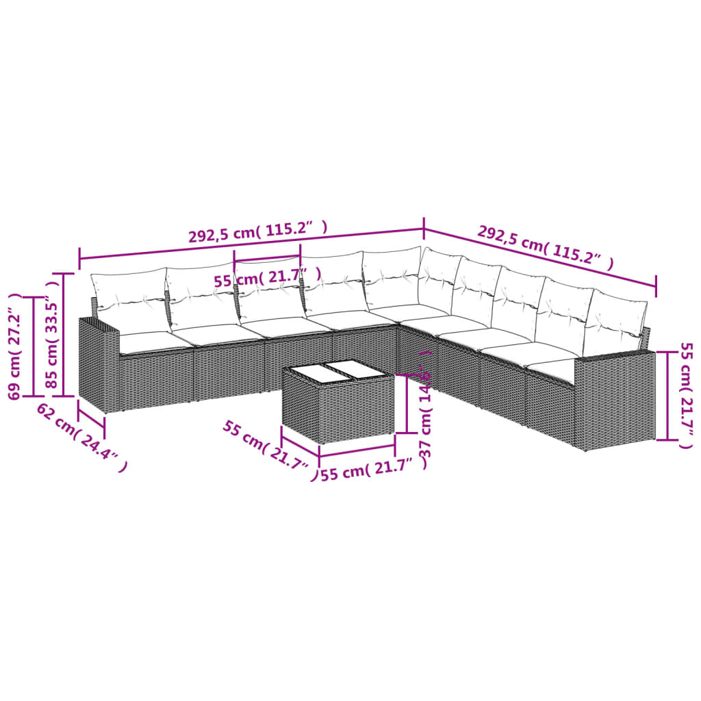 Set Divani da Giardino 10pz con Cuscini in Polyrattan Nero 3219086