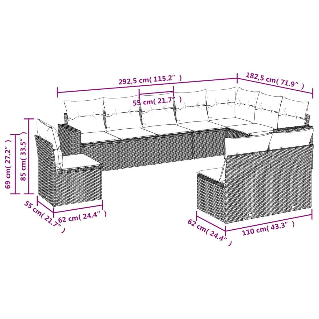 Set Divano da Giardino 10 pz con Cuscini Beige in Polyrattancod mxl 87941