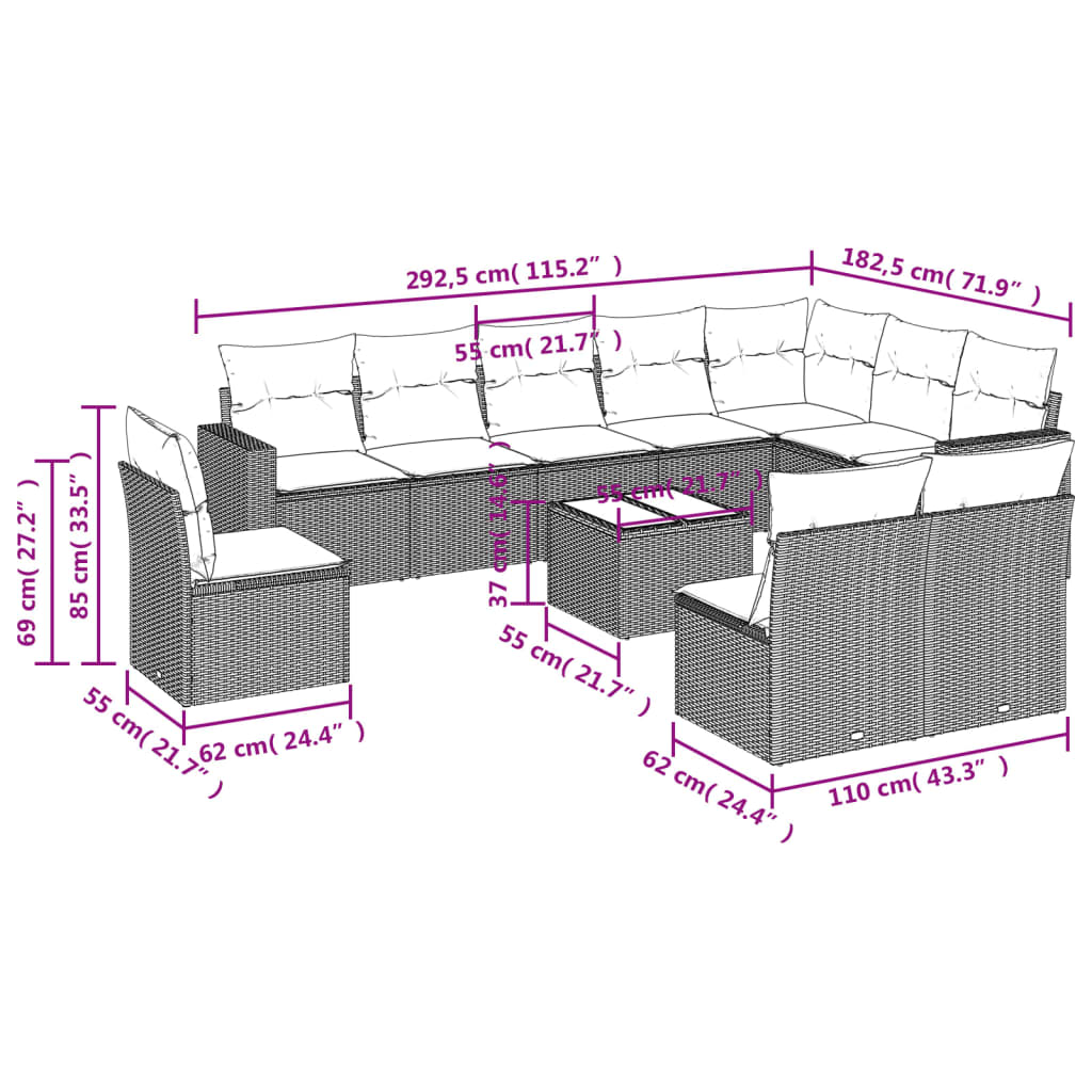 Set Divani da Giardino 11 pz con Cuscini in Polyrattan Nero 3219106