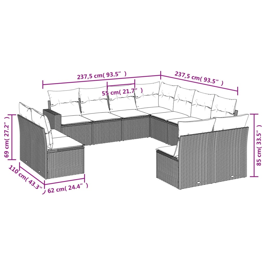 Set Divani da Giardino 11 pz con Cuscini in Polyrattan Nerocod mxl 89385