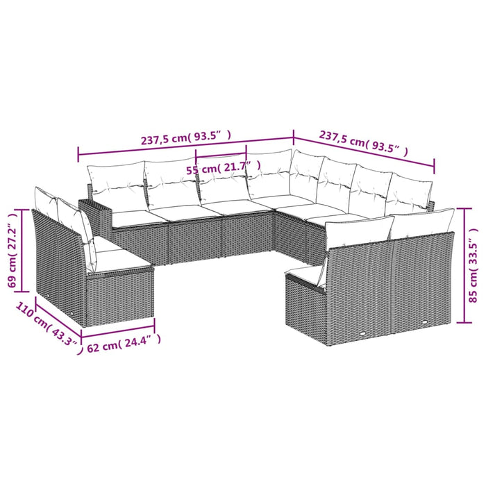 Set Divani da Giardino 11 pz con Cuscini in Polyrattan Grigio 3219120