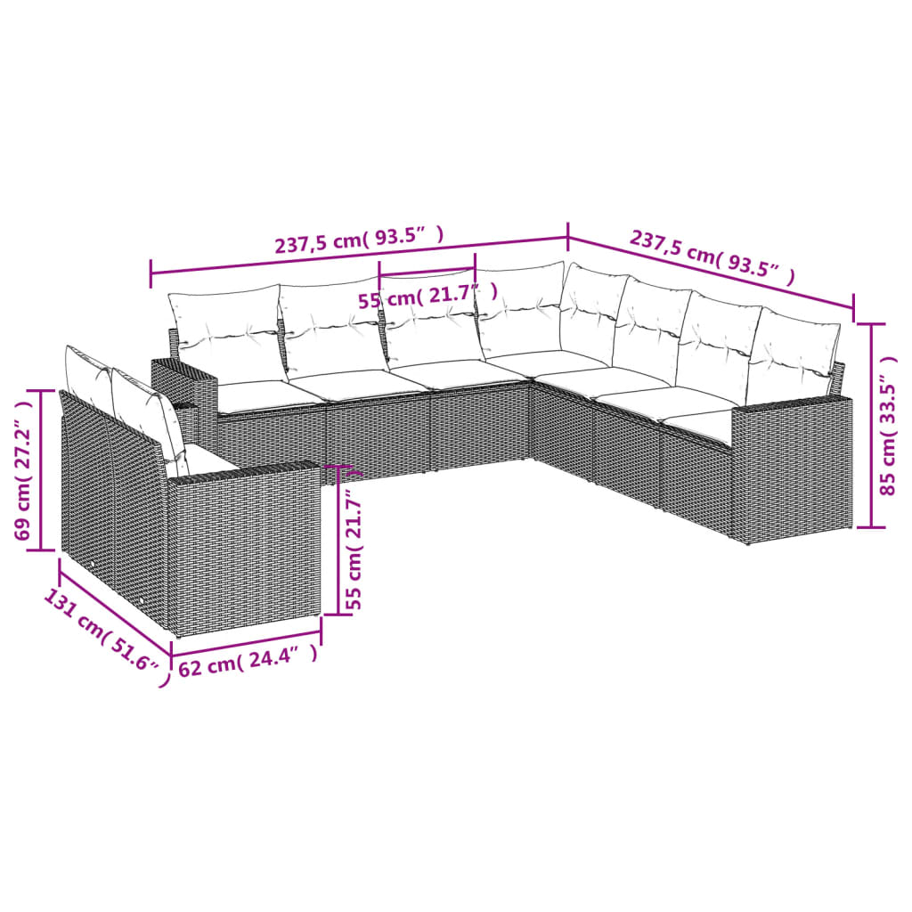 Set Divani da Giardino 9 pz con Cuscini Nero in Polyrattan 3219135