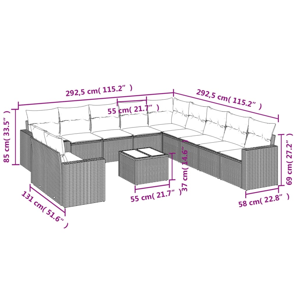 Set Divani da Giardino 12 pz con Cuscini Beige in Polyrattancod mxl 112597