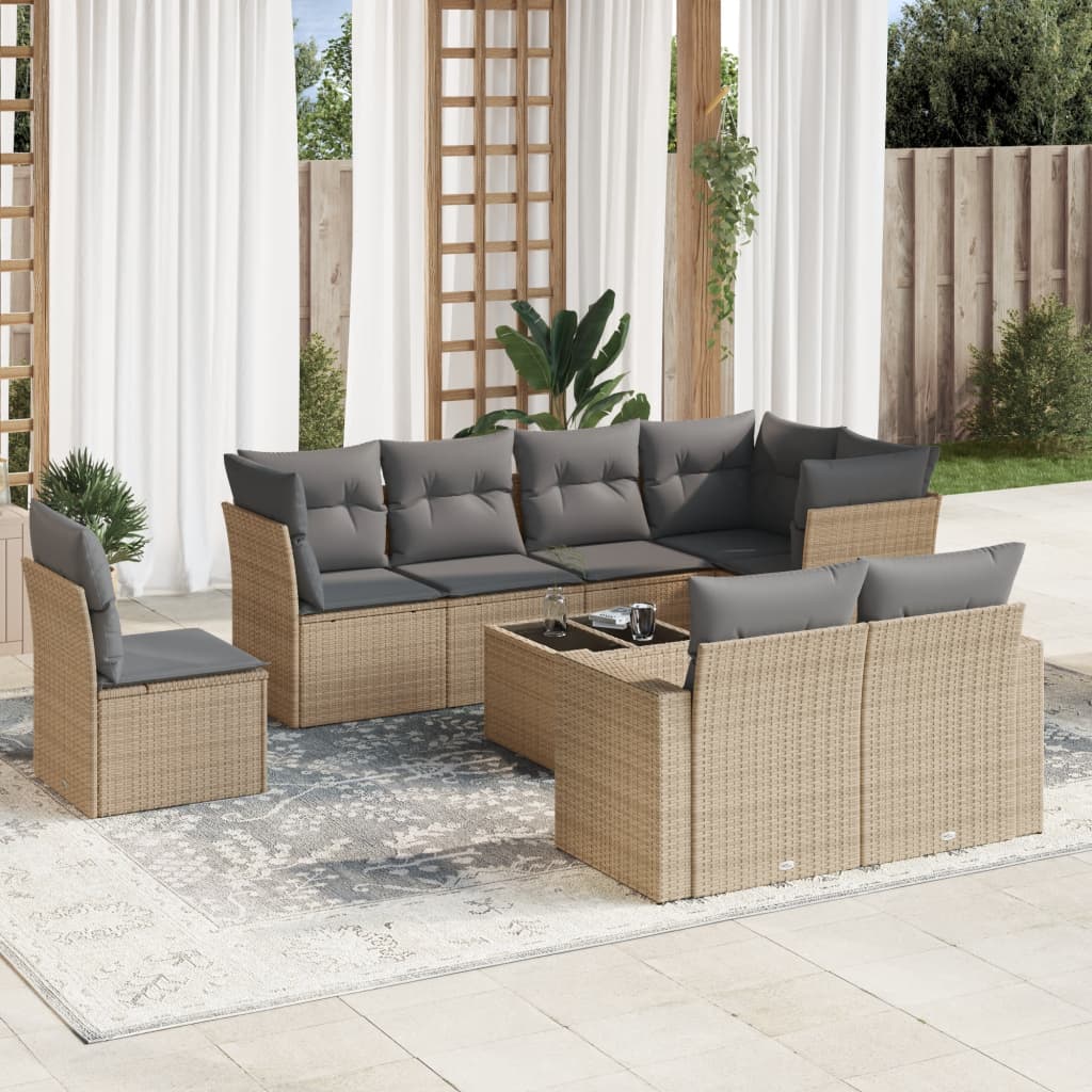 Set Divano da Giardino 9 pz con Cuscini Beige in Polyrattan 3219239