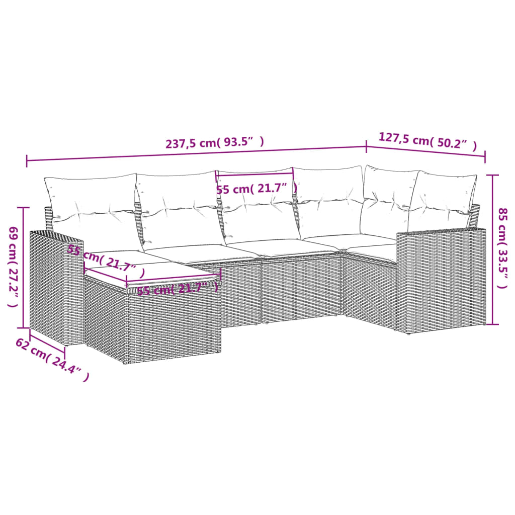 Set Divano da Giardino 6 pz con Cuscini Nero in Polyrattan 3219245